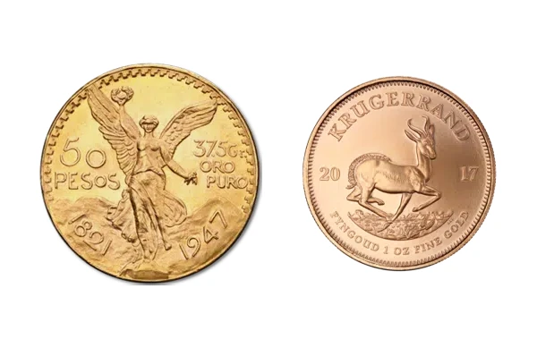 monedas de oro Mexicano centenario y Krurregand